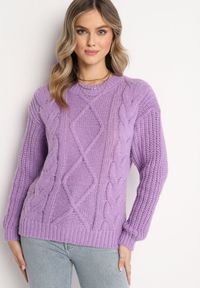 Born2be - Fioletowy Jednolity Sweter ze Ściągaczami i Klasycznym Splotem Loma. Kolor: fioletowy. Długość rękawa: długi rękaw. Długość: długie. Wzór: ze splotem, jednolity. Styl: klasyczny #5