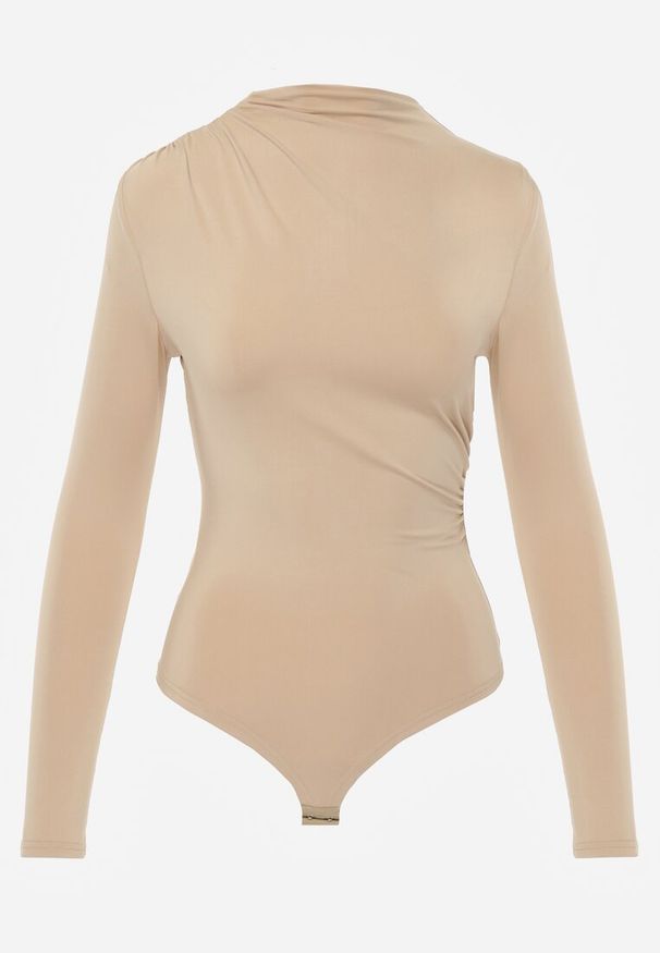 Renee - Ciemnobeżowe Body z Ozdobnym Marszczeniem Farbina. Kolor: beżowy. Długość rękawa: długi rękaw. Długość: długie. Wzór: aplikacja. Styl: klasyczny