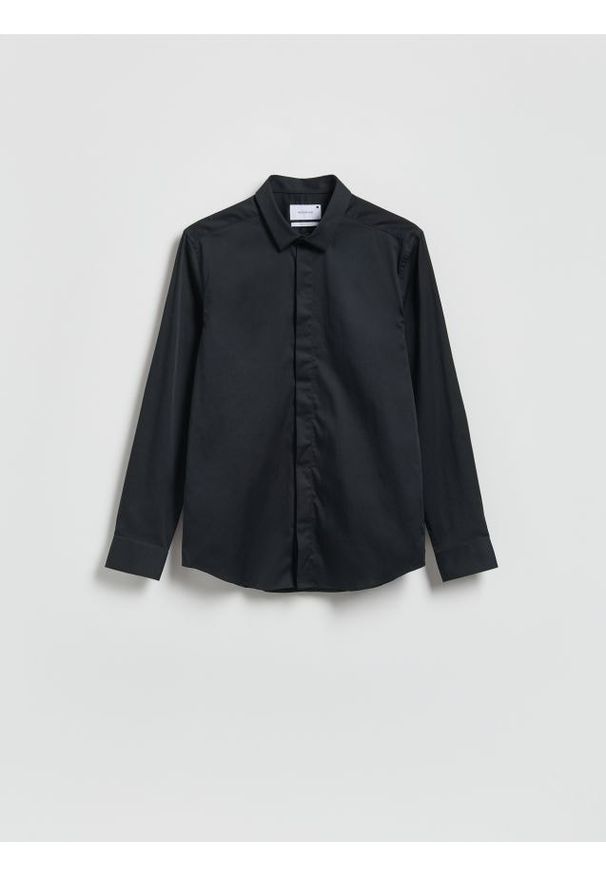 Reserved - Gładka koszula super slim fit - czarny. Kolor: czarny. Materiał: tkanina, bawełna. Wzór: gładki