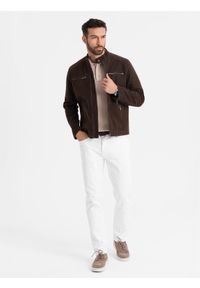 Ombre Clothing - Męska kurtka biker w stylu retro ze stójką – brązowa V1 - Rozmiar: L. Typ kołnierza: kołnierzyk stójkowy. Kolor: brązowy. Materiał: skóra, poliester, materiał. Styl: retro #9