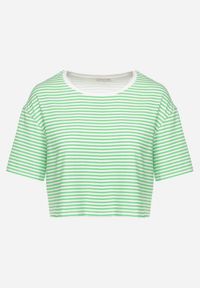 Born2be - Zielony Bawełniany T-shirt o Oversizowym Krótkim Fasonie w Cienkie Paski Lakrida. Okazja: na co dzień. Kolor: zielony. Materiał: bawełna. Długość: krótkie. Wzór: paski. Styl: klasyczny, casual #6
