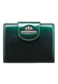 Wittchen - Damski portfel ze skóry lakierowany z ozdobną napą ciemny zielony. Kolor: zielony. Materiał: lakier, skóra. Wzór: aplikacja