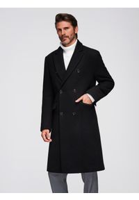 Ombre Clothing - Dwurzędowy płaszcz męski z wełną - czarny V2 - Rozmiar: S. Okazja: na co dzień. Kolor: czarny. Materiał: wełna. Wzór: ze splotem. Styl: klasyczny, casual #1