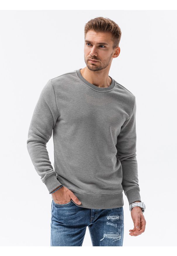Ombre Clothing - Bluza męska bez kaptura BASIC - szary melanż V2 - Rozmiar: XXL. Okazja: na co dzień. Typ kołnierza: bez kaptura. Kolor: szary. Materiał: poliester, materiał, bawełna. Wzór: melanż. Styl: casual, klasyczny