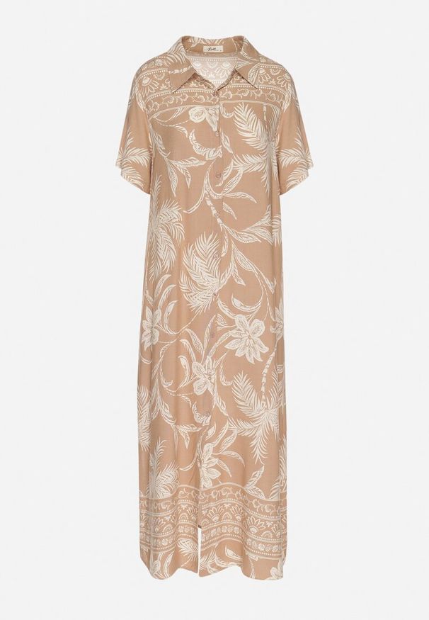 Born2be - Beżowa Koszulowa Sukienka z Wiskozy w Kwiatowy Wzór z Kieszeniami Eramira. Okazja: na co dzień. Kolor: beżowy. Materiał: wiskoza. Długość rękawa: długi rękaw. Wzór: kwiaty. Sezon: lato. Typ sukienki: koszulowe. Styl: elegancki, casual