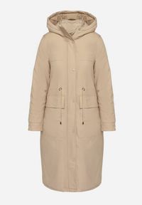 Born2be - Ciemnobeżowa Długa Kurtka z Kapturem i Ściągaczem w Talii Tarlinia. Okazja: na co dzień. Typ kołnierza: kaptur. Kolor: beżowy. Materiał: dzianina. Długość: długie. Wzór: aplikacja. Styl: casual, elegancki #3