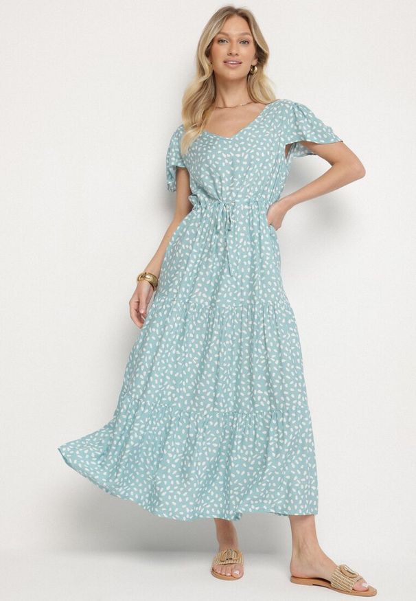 Born2be - Jasnoniebieska Sukienka z Bawełną i Geometrycznym Wzorem Lunavella. Okazja: na co dzień, na spacer. Kolor: niebieski. Materiał: bawełna. Wzór: geometria. Sezon: lato. Typ sukienki: proste. Styl: casual, elegancki