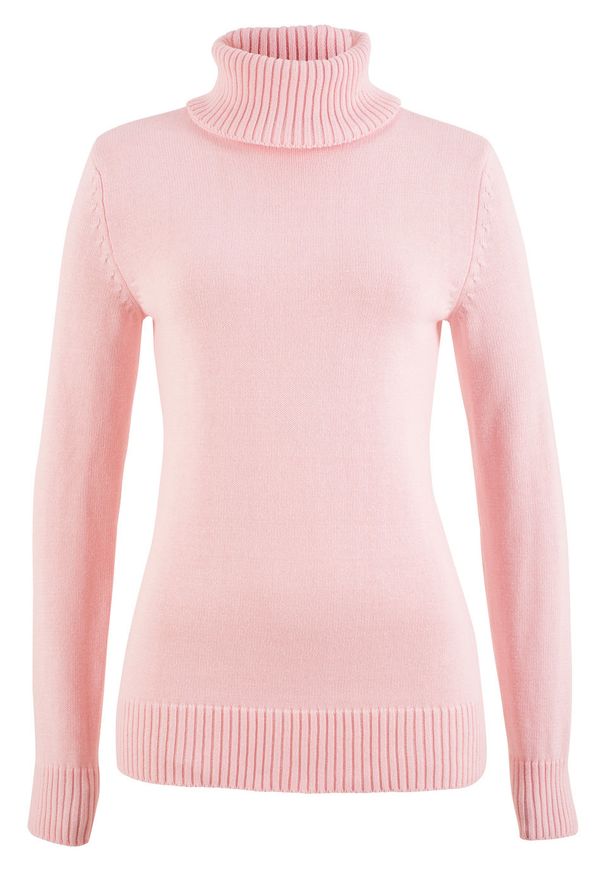 Sweter z golfem bonprix pastelowy jasnoróżowy. Typ kołnierza: golf. Kolor: różowy. Wzór: prążki. Styl: elegancki