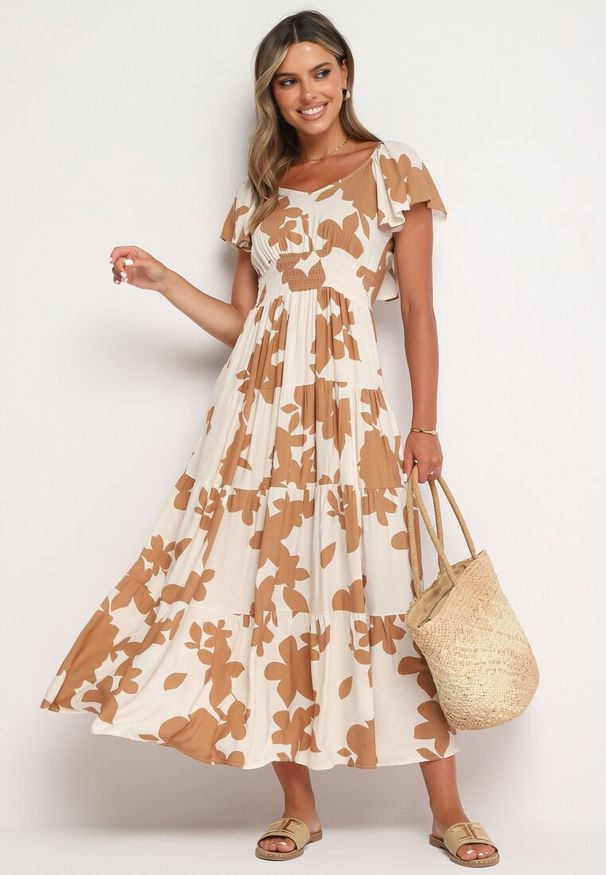 Born2be - Biało-Brązowa Wiskozowa Sukienka Rozkloszowana z Gumką w Talii Nansalinne. Okazja: na randkę, na co dzień. Typ kołnierza: dekolt w kształcie V. Kolor: biały. Materiał: wiskoza. Sezon: lato. Typ sukienki: rozkloszowane. Styl: casual, klasyczny