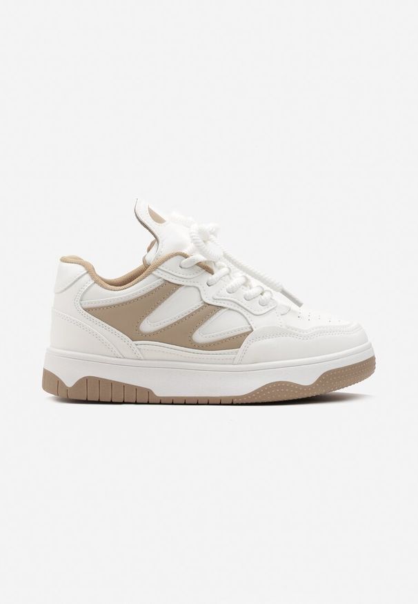 Renee - Biało-Beżowe Sneakersy przed Kostkę na Platformie z Wstawkami Losia. Wysokość cholewki: przed kostkę. Kolor: beżowy. Obcas: na platformie