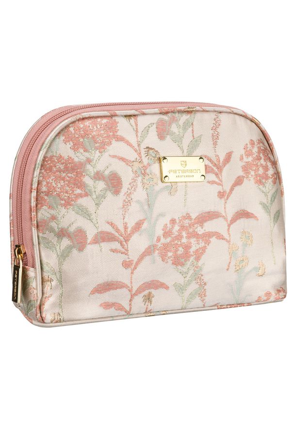 Kosmetyczka podróżna z materiału syntetycznego w różowo-beżowym kolorze zdobiona kwiatami - Peterson. Kolor: różowy, beżowy, wielokolorowy. Materiał: syntetyk, materiał. Wzór: aplikacja, kwiaty