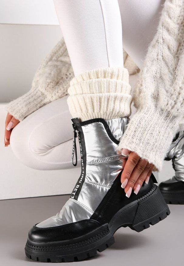 Born2be - Srebrne Śniegowce Pikowane z Lampasami Viseli. Zapięcie: zamek. Kolor: srebrny. Materiał: materiał. Wzór: nadruk