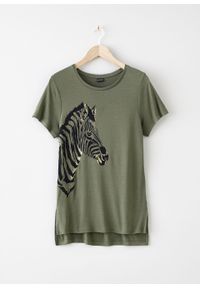 T-shirt z motywem zebry bonprix oliwkowy. Kolor: zielony. Długość: długie. Wzór: motyw zwierzęcy #7