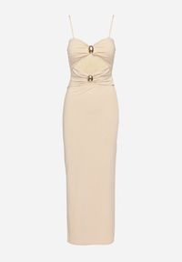 Born2be - Beżowa Sukienka Dopasowana na Ramiączkach z Wycięciami pod Biustem i Metalowymi Detalami Galentia. Okazja: na co dzień. Kolor: beżowy. Długość rękawa: na ramiączkach. Styl: casual, klasyczny #5