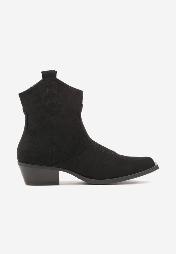 Renee - Czarne Botki na Słupku w Stylu Kowbojek Zapinane na Suwak Evirene. Okazja: na co dzień. Kolor: czarny. Materiał: jeans, skóra. Obcas: na słupku. Styl: boho, elegancki, casual. Wysokość obcasa: średni