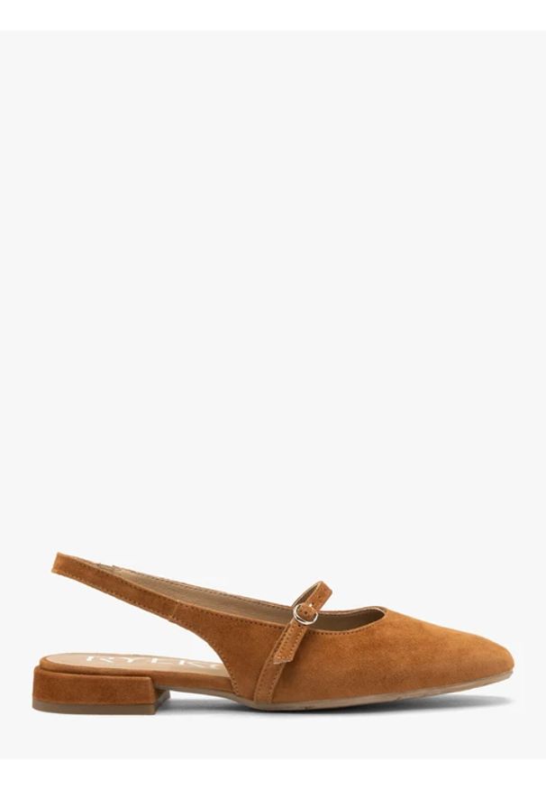Ryłko - Rude czółenka slingback. Okazja: na co dzień. Zapięcie: pasek. Kolor: brązowy. Materiał: welur, skóra. Obcas: na obcasie. Styl: street, casual. Wysokość obcasa: średni