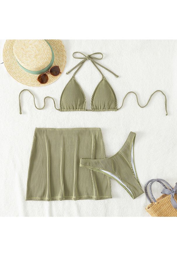 Intica - Bikini z pareo na plażę z elastycznego materiału Lorenzina. Kolor: zielony. Materiał: materiał