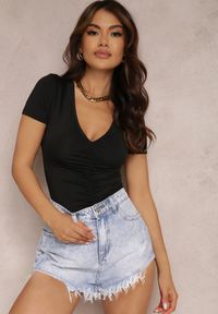 Renee - Czarne Body Agariolea. Kolor: czarny. Materiał: jeans. Długość rękawa: krótki rękaw. Długość: krótkie. Wzór: aplikacja. Styl: elegancki #3
