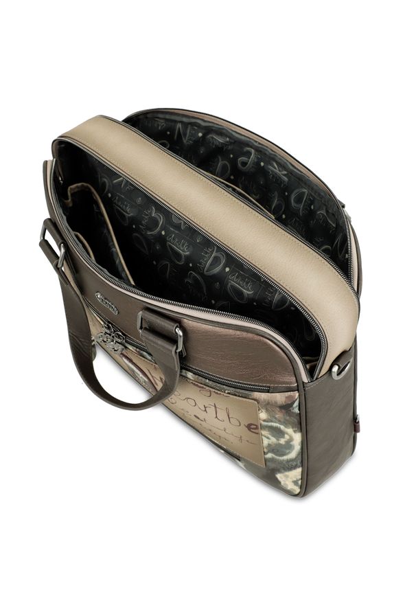 Brązowa Aktówka Anekke Elegancka Damska Torba Na Laptopa. Kolor: brązowy. Wzór: haft, napisy. Styl: elegancki