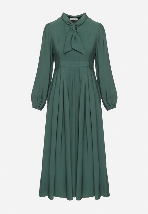 Born2be - Zielona Wiskozowa Plisowana Sukienka z Wiązaniem Asorrise. Okazja: na co dzień. Kolor: zielony. Materiał: wiskoza. Styl: casual, elegancki