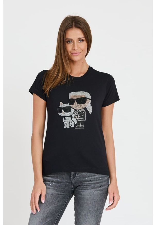 Karl Lagerfeld - KARL LAGERFELD Czarny damski t-shirt Ikonik 2.0, Rozmiar XS. Kolor: czarny