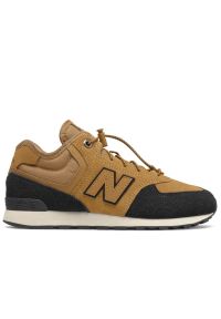 Buty New Balance GV574HXB - brązowe. Kolor: brązowy. Materiał: guma, skóra, syntetyk, materiał, zamsz, futro. Szerokość cholewki: normalna. Wzór: aplikacja. Sezon: zima. Model: New Balance 574