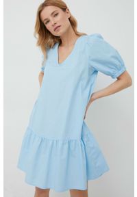 Vero Moda sukienka bawełniana mini rozkloszowana. Kolor: niebieski. Materiał: bawełna. Długość rękawa: krótki rękaw. Typ sukienki: rozkloszowane. Długość: mini