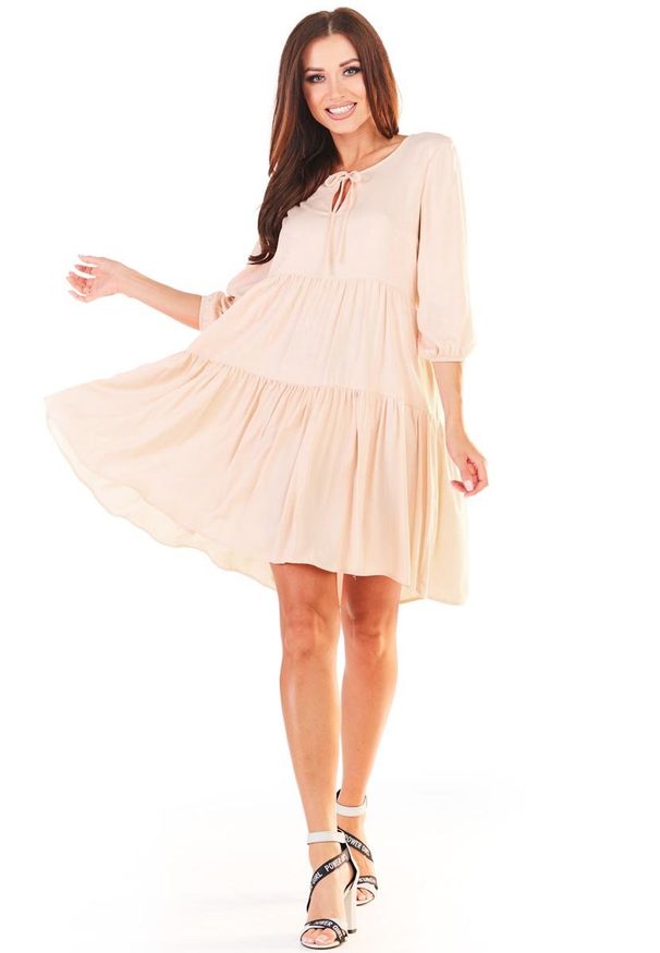 Awama - Sukienka Mini w Stylu Boho - Beżowa. Kolor: beżowy. Materiał: elastan, wiskoza. Styl: boho. Długość: mini