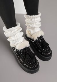 Born2be - Czarne Śniegowce na Grubej Podeszwie z Frędzlami i Haftem Linodis. Okazja: na spacer, na co dzień. Kolor: czarny. Materiał: jeans. Wzór: haft. Sezon: jesień. Styl: casual #7