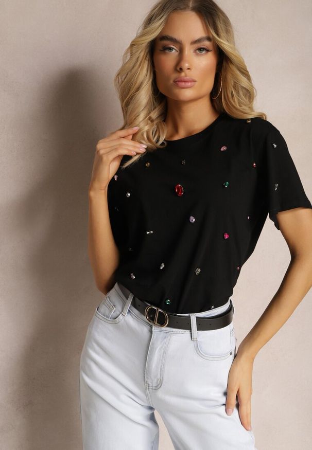 Renee - Czarny T-shirt z Cyrkoniami w Różnych Kolorach Varcia. Okazja: na co dzień. Kolor: czarny. Materiał: jeans. Styl: casual, elegancki
