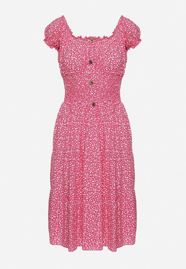 Born2be - Fuksjowa Bawełniana Sukienka w Drobne Kwiaty z Gumkami w Talii Fielita. Kolor: różowy. Materiał: bawełna. Długość rękawa: krótki rękaw. Wzór: kwiaty. Sezon: lato. Styl: elegancki