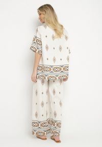 Born2be - Beżowy Komplet Wiskozowy Bluzka i Spodnie w Boho Wzór Divenna. Kolor: beżowy. Materiał: wiskoza. Wzór: aplikacja
