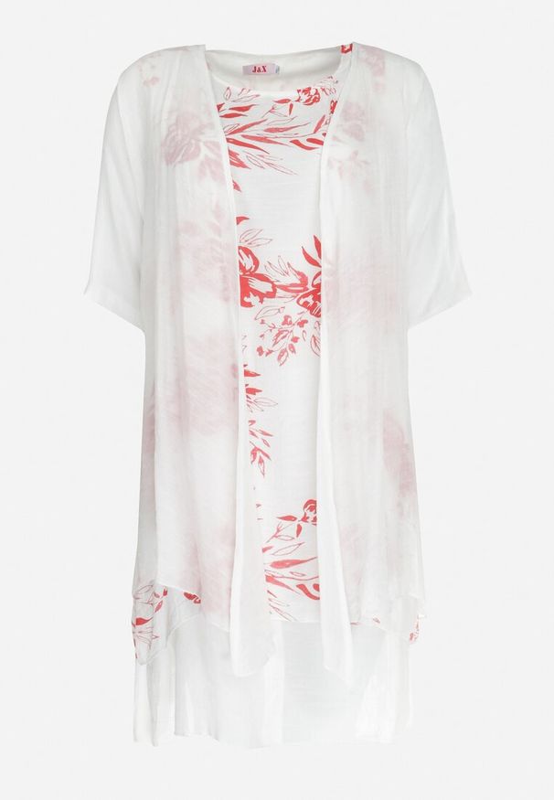 Born2be - Czerwono-Biała Trapezowa Sukienka Midi z Bawełny w Kwiaty i Narzutka Elephira. Kolor: biały. Materiał: bawełna. Długość rękawa: bez rękawów. Wzór: kwiaty. Typ sukienki: trapezowe. Długość: midi