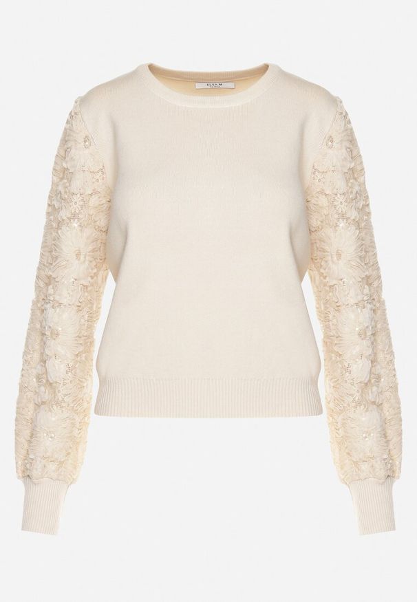 Born2be - Beżowy Sweter z Wiskozą z Ozdobnymi Koronkowymi Rękawami z Cekinami Tiliala. Okazja: na co dzień. Kolor: beżowy. Materiał: koronka, wiskoza. Wzór: koronka. Styl: elegancki, casual