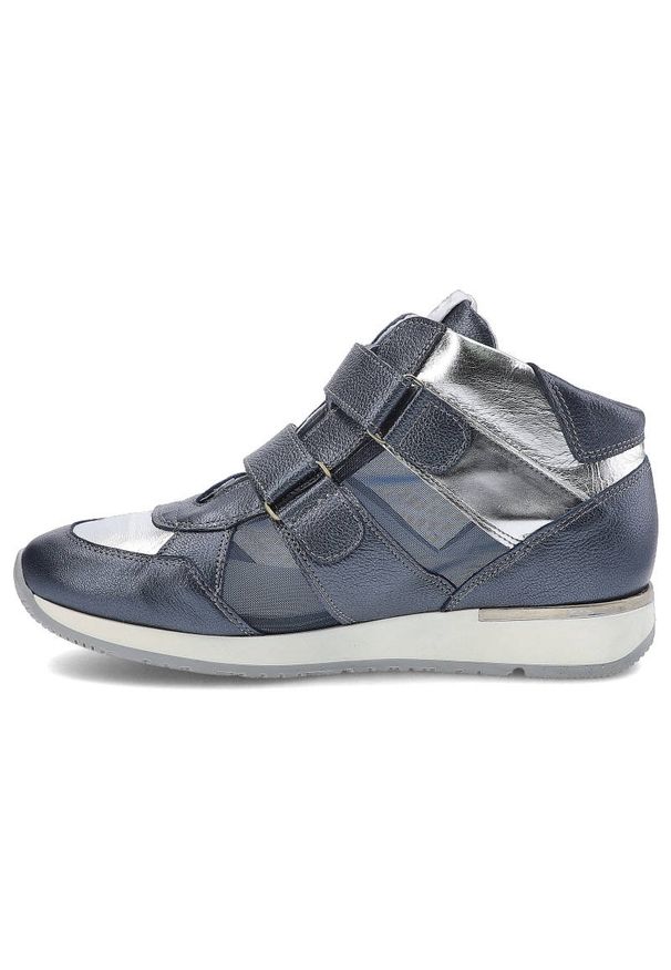 Granatowe Sneakersy Karino Damskie Buty Na Rzepy. Okazja: do pracy, na uczelnię. Zapięcie: rzepy. Kolor: niebieski. Materiał: skóra. Szerokość cholewki: normalna. Wzór: aplikacja. Obcas: na koturnie