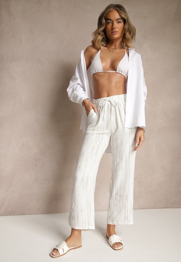 Renee - Białe Spodnie High Waist ze Sznurkiem Savurelle. Okazja: na co dzień. Stan: podwyższony. Kolor: biały. Wzór: aplikacja. Styl: sportowy, casual