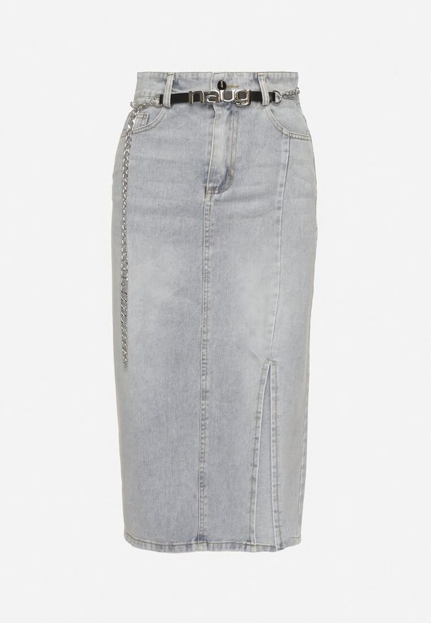 Born2be - Jasnoniebieska Bawełniana Spódnica Jeansowa Ozdobiona Łańcuchem Lilisela. Okazja: na co dzień. Kolor: niebieski. Materiał: jeans, bawełna. Wzór: aplikacja. Styl: elegancki, klasyczny, casual