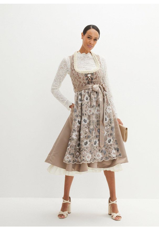 bonprix - Krótka bluzka koronkowa w ludowym stylu, długi rękaw. Kolor: biały. Materiał: koronka. Długość rękawa: długi rękaw. Długość: krótkie. Wzór: koronka