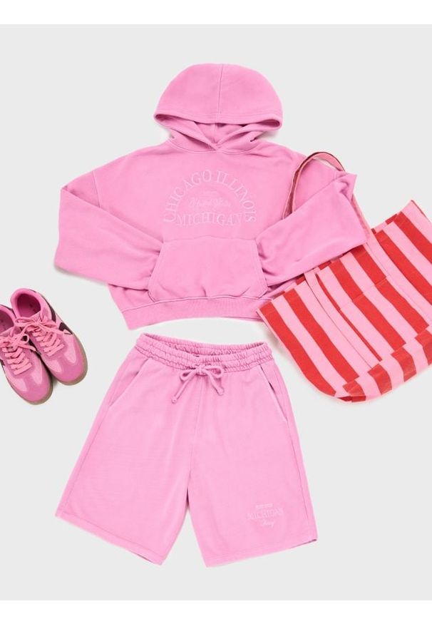Sinsay - Bluza hoodie z haftowanym napisem - różowy. Kolor: różowy. Wzór: napisy, haft