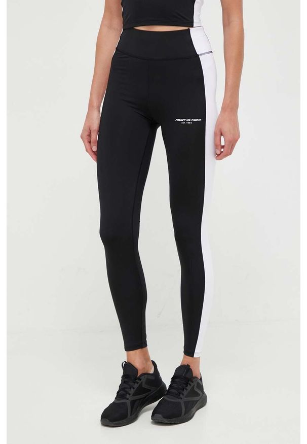 TOMMY HILFIGER - Tommy Hilfiger legginsy damskie kolor czarny wzorzyste. Kolor: czarny. Materiał: poliester, skóra, dzianina, materiał. Sport: fitness