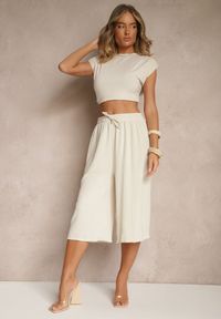 Renee - Beżowe Spodnie Kuloty z Bawełną High Waist Azetia. Okazja: na co dzień. Stan: podwyższony. Kolor: beżowy. Materiał: bawełna. Sezon: lato, wiosna. Styl: sportowy, elegancki, casual