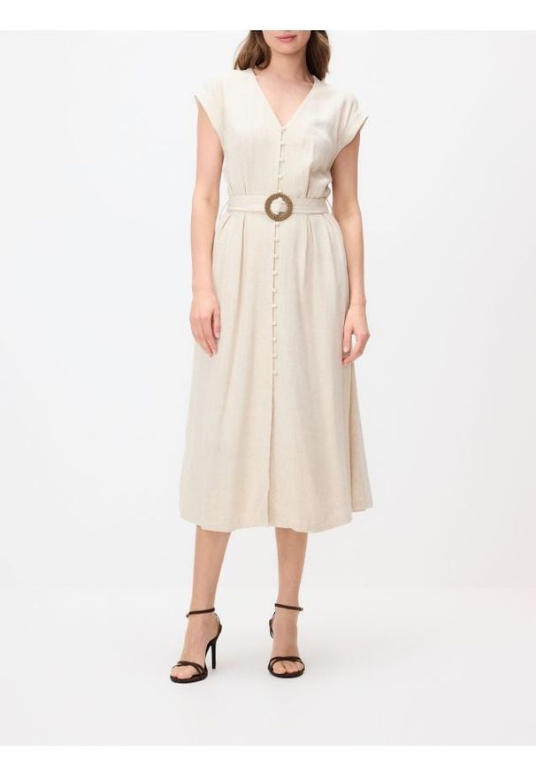 Reserved - Sukienka z dodatkiem lnu - beżowy. Kolor: beżowy. Materiał: len