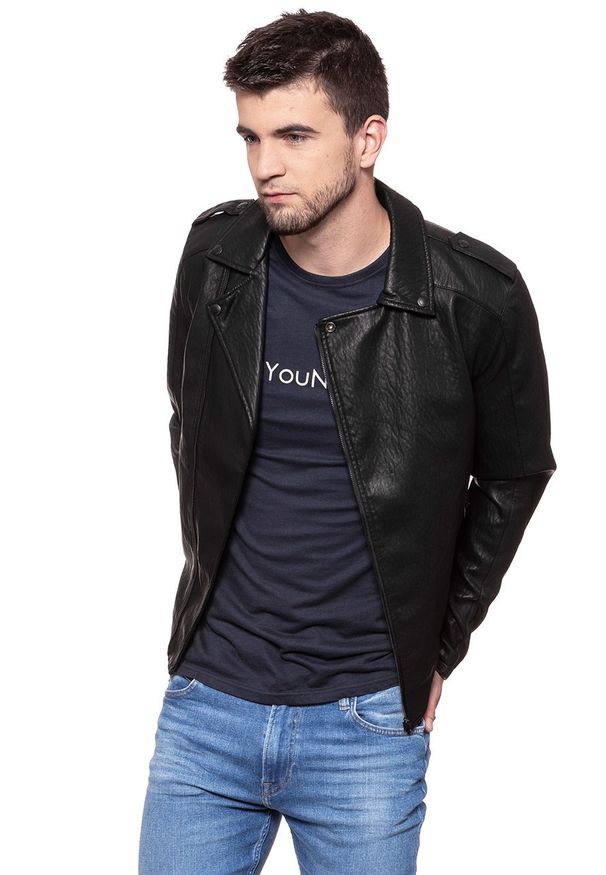 Wrangler - KURTKA SKÓRZANA WRANGLER PU LEATHER JACKET BLACK W4744VI01 112129037. Okazja: na co dzień. Materiał: skóra ekologiczna, jeans. Styl: casual