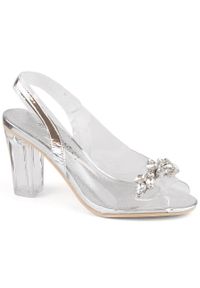 POTOCKI - Transparentne sandały damskie na słupku z cyrkoniami srebrne Potocki WS43305 srebrny. Kolor: srebrny. Obcas: na słupku #1