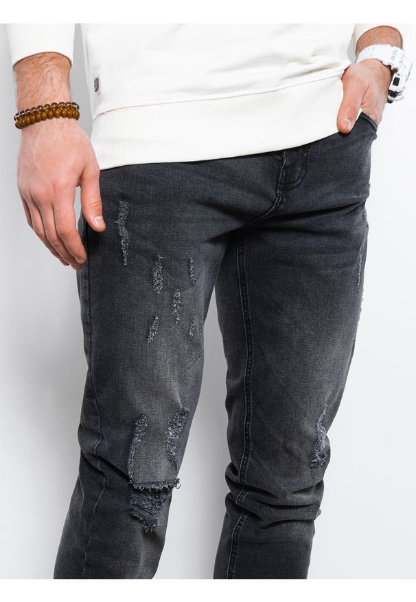 Ombre Clothing - Spodnie męskie jeansowe z przetarciami SLIM FIT P1021 - czarne - XXL. Okazja: na co dzień. Kolor: czarny. Materiał: jeans. Styl: casual