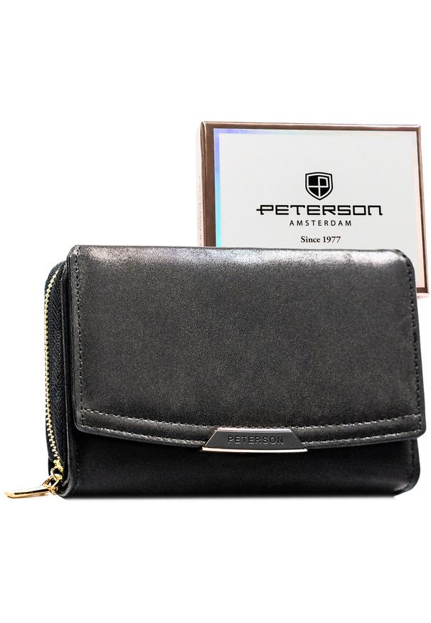 Czarny portfel damski ze skóry ekologicznej zamykany na zatrzask i suwak - Peterson. Kolor: czarny. Materiał: skóra ekologiczna