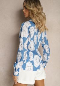 Renee - Niebieska Koszula z Artystycznym Printem w Twarze Frumelia. Kolor: niebieski. Wzór: nadruk
