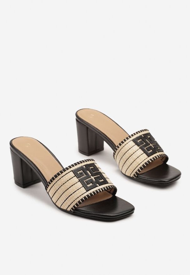 Born2be - Czarne Klapki na Obcasie z Ozdobną Naszywką Mevoriane. Okazja: na co dzień. Kolor: czarny. Materiał: jeans. Wzór: aplikacja. Obcas: na obcasie. Styl: casual, klasyczny. Wysokość obcasa: średni