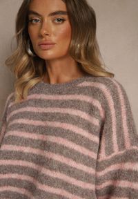 Renee - Brązowy Sweter z Wełną Ozdobiony Paskami i Bufiastymi Rękawami Rilesse. Okazja: na co dzień. Kolor: brązowy. Materiał: wełna. Wzór: aplikacja. Sezon: jesień. Styl: casual, elegancki #4