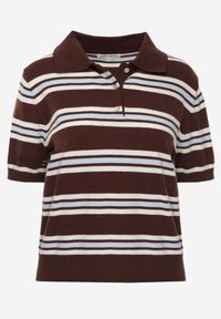 Born2be - Brązowy T-shirt Typu Polo z Wiskozą Ozdobiony Guzikami i Paskami Esefia. Okazja: na co dzień. Typ kołnierza: polo. Kolor: brązowy. Materiał: wiskoza. Wzór: aplikacja. Styl: casual #7